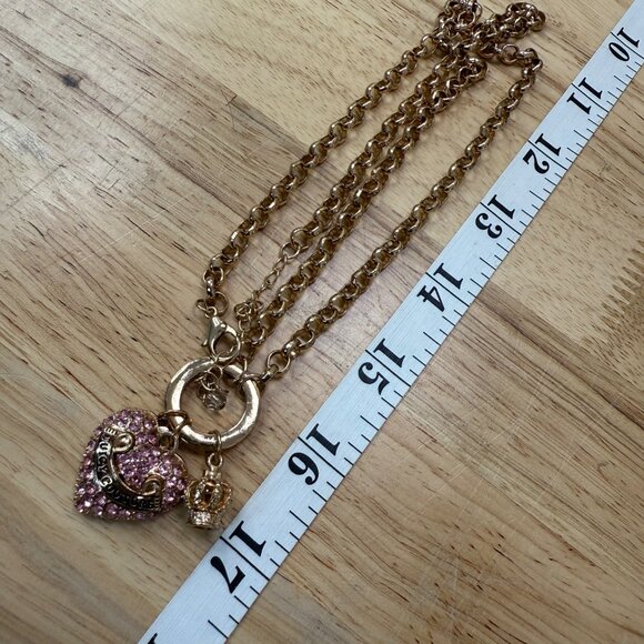 Juicy Couture Gold Tone Heart & Crown Charm Necklace With Pink Rhinestones - Picture 8 of 12
